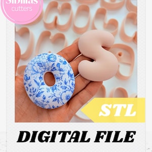 May include: A blue and white floral patterned letter O and a solid light pink letter S cookie cutter. The image includes the text Sibillas cutters, STL, and DIGITAL FILE. These are 3D printed plastic shapes used for cutting dough or clay.
