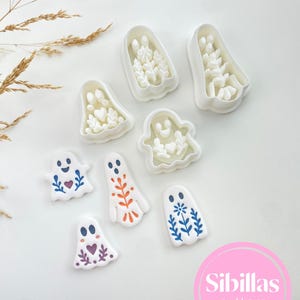 Halloween polymer clay cutters with folk art ghost, pumpkin, owl, mushroom, and fall shapes for handmade earrings.