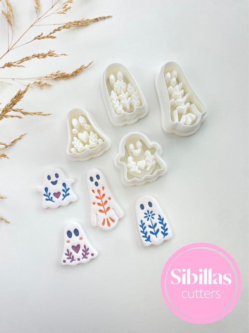 Halloween polymer clay cutters with folk art ghost, pumpkin, owl, mushroom, and fall shapes for handmade earrings.