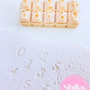 Puede incluir: Un juego de cortadores de números beige, cada uno con un número en relieve del 0 al 9. Los números están estampados en una superficie blanca texturizada. La imagen también incluye un círculo rosa con el texto "Sibillas cutters".
