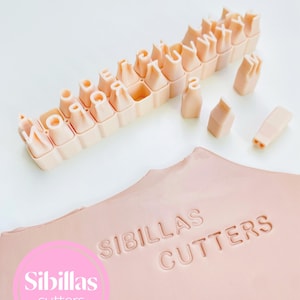Peut inclure: Un ensemble de découpoirs de lettres et de chiffres pêche clair, avec une pièce d'argile rose assortie estampillée des mots "SIBILLAS CUTTERS". Les découpoirs sont disposés en rangée, avec plusieurs lettres et chiffres individuels éparpillés à proximité. Un cercle rose avec les mots "Sibillas cutters" est en bas à gauche.
