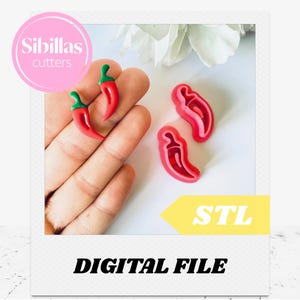 May include: Red chili pepper-shaped cutters with green stems, displayed on a hand. The image includes the text "Sibillas cutters," "STL," and "DIGITAL FILE." The cutters are likely for crafting or baking, offering a fun, food-themed design.