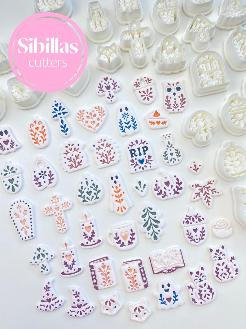 Scandinavian folk art polymer clay cutters with fall shapes for earrings, charms, seasonal jewelry, and cozy handmade clay projects.