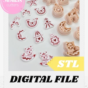 May include: A selection of cookie cutters in diverse shapes, such as stars, hearts, and foxes, with red and white patterns. The image features the text "DIGITAL FILE" and "STL". The cutters are displayed on a white background.