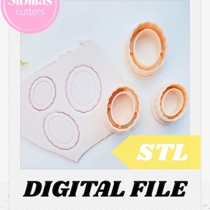 May include: Three peach-colored oval cookie cutters with scalloped edges and a flat sheet of light pink dough featuring three matching oval impressions. The image includes the text Sibillas cutters, STL, and DIGITAL FILE.