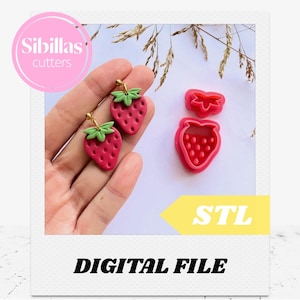 May include: A pair of strawberry earrings with green leaves and gold-colored posts, next to two red strawberry-shaped cutters. The image also includes the text "Sibillas cutters", "STL", and "DIGITAL FILE".