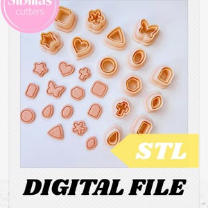 May include: A selection of light peach-coloured cookie cutters in diverse shapes, such as stars, hearts, butterflies, and geometric forms. The image includes the text "DIGITAL FILE" and "STL". The brand name "Sibillas cutters" is also visible.