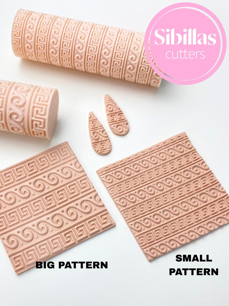 Ancient Greek texture roller for polymer clay, pottery, and ceramics. This embossing tool features an intricate classical pattern inspired by traditional Greek motifs, perfect for adding elegant, ornamental detail to clay projects. Ideal for creating earrings, pendants, trays, pottery decorations, and other handcrafted pieces. Made from durable, reusable material, this roller gives artists a clean and consistent impression, allowing them to bring timeless, historic beauty into their handmade
