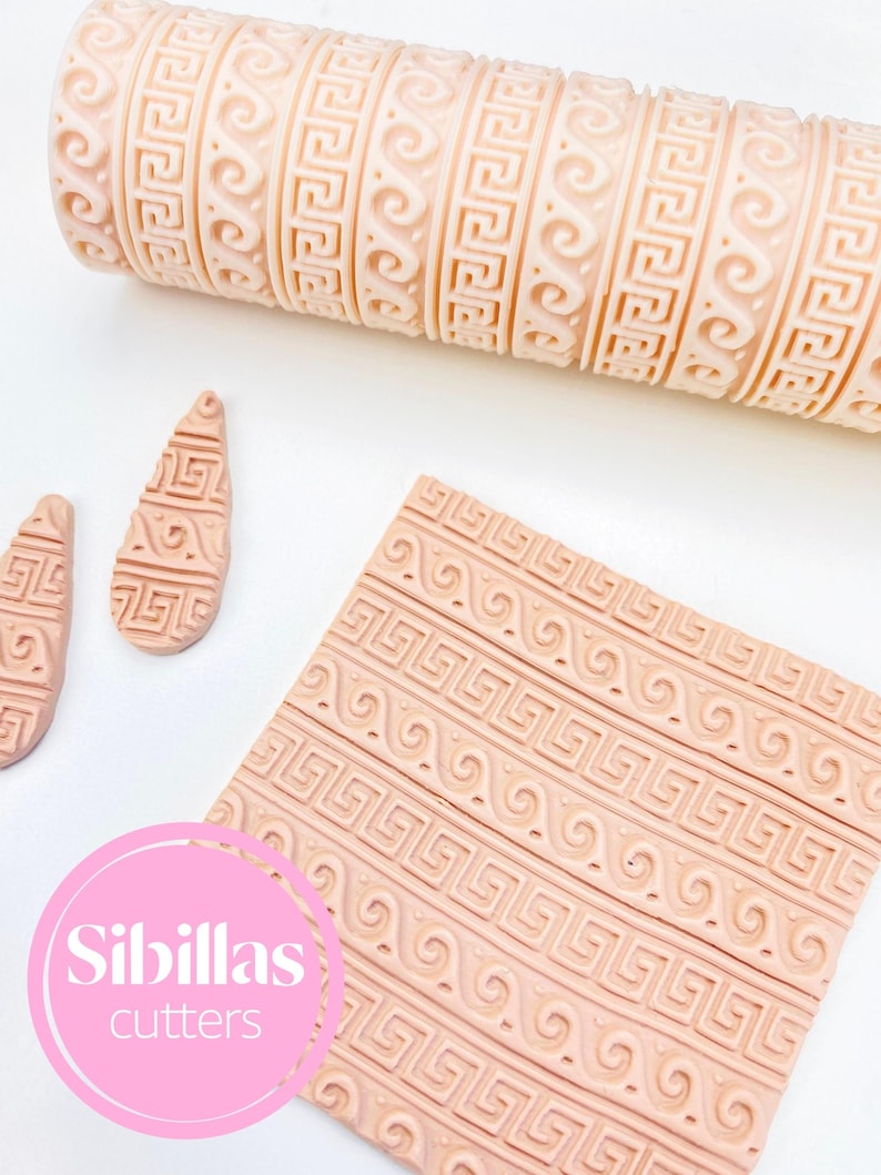 Polymer clay texture roller with an Ancient Greek decorative pattern, designed to emboss elegant, classical lines and motifs onto clay surfaces. Perfect for jewelry makers, potters, and DIY crafters who love ornamental detail. This roller works beautifully for earrings, pottery, trays, or home décor pieces, creating a sophisticated Greek-inspired finish. Durable, reusable, and easy to clean, it helps achieve a professional result for both beginners and experienced clay artists.