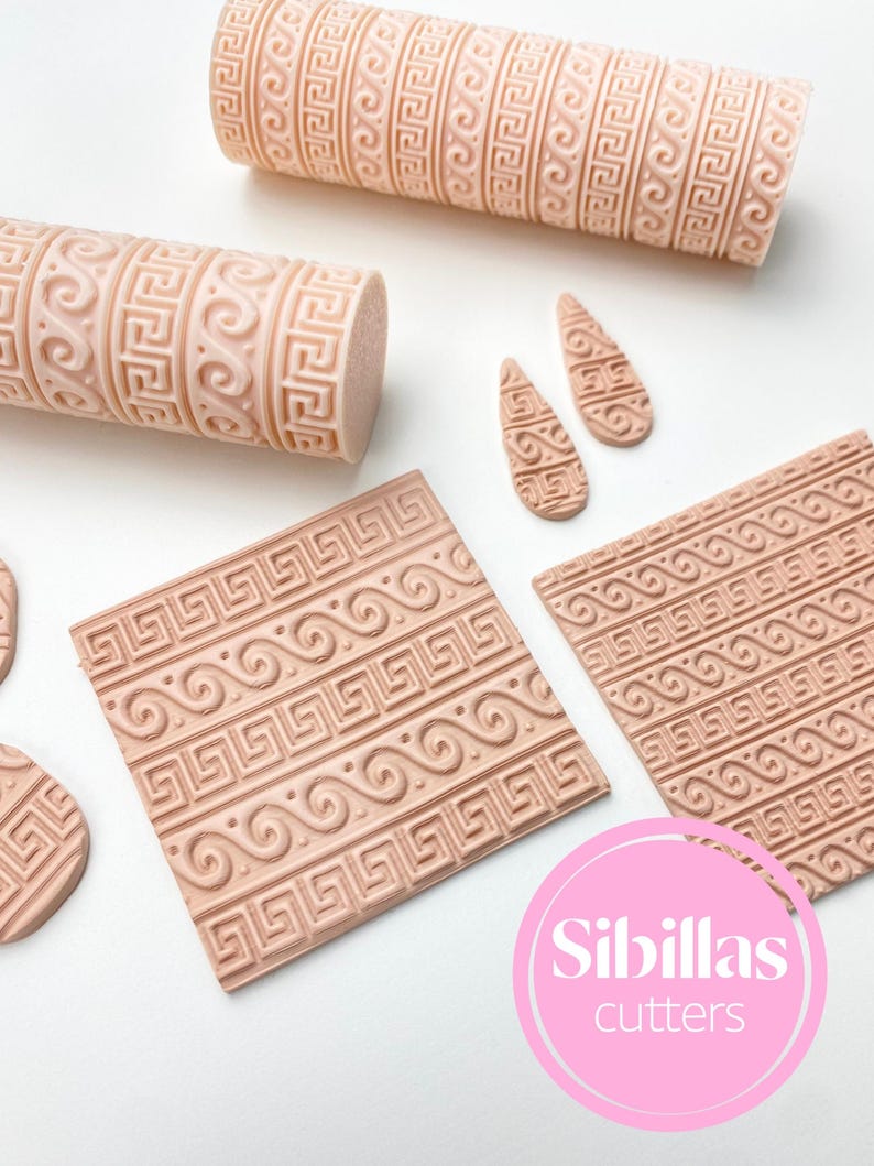Ancient Greek texture roller for polymer clay, pottery, and ceramics. This embossing tool features an intricate classical pattern inspired by traditional Greek motifs, perfect for adding elegant, ornamental detail to clay projects. Ideal for creating earrings, pendants, trays, pottery decorations, and other handcrafted pieces. Made from durable, reusable material, this roller gives artists a clean and consistent impression, allowing them to bring timeless, historic beauty into their handmade