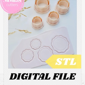May include: Four light peach-colored circular scalloped cookie cutters arranged above a flat piece of light pink rolled dough with three circular scalloped impressions. The image includes the text Sibillas cutters, STL, and DIGITAL FILE.