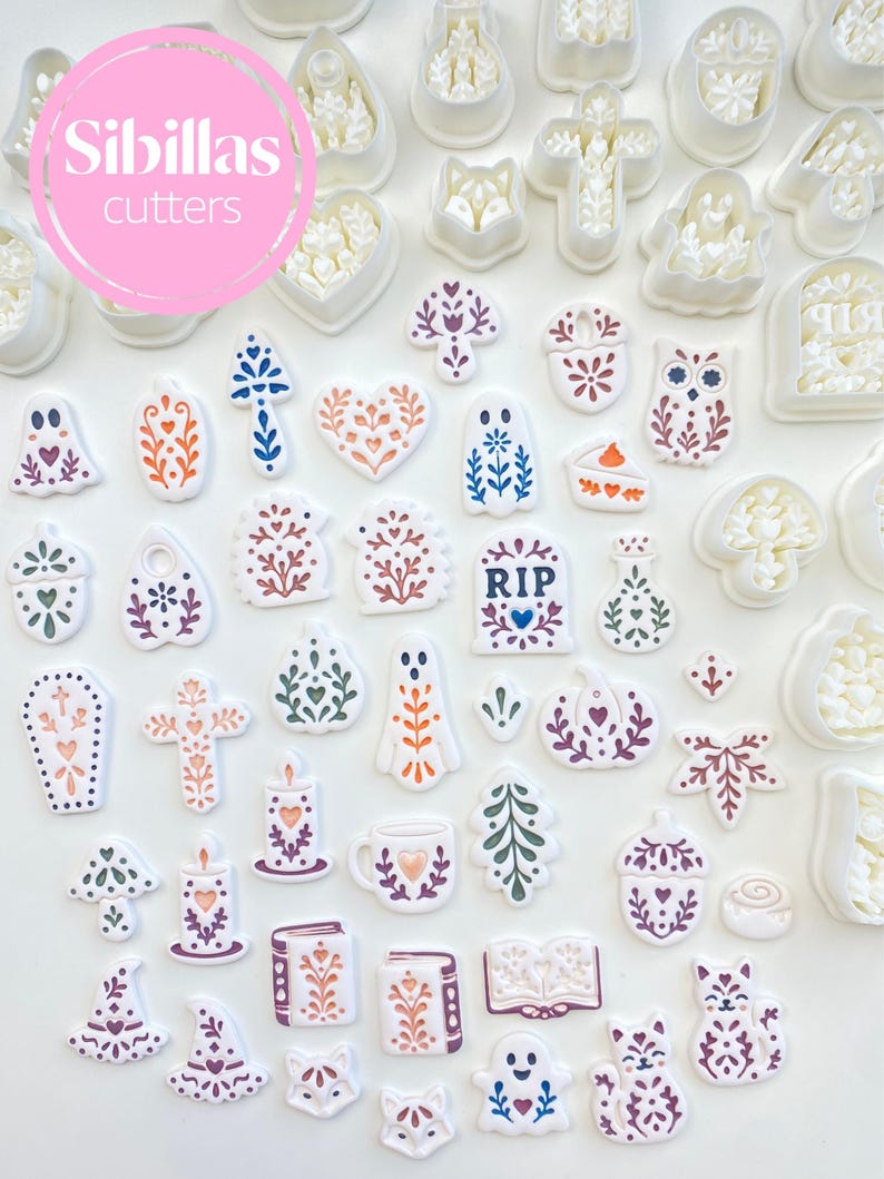 Nordic fall clay cutters for polymer clay earrings, Scandinavian folk art designs for Halloween, autumn jewelry, and handmade clay charms.