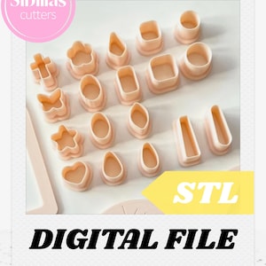 Puede incluir: Colección de cortadores de galletas de color rosa claro en varias formas, incluyendo una cruz, flor, mariposa, estrella, corazón y formas geométricas. La imagen incluye el texto "Sibillas cutters" y "DIGITAL FILE".