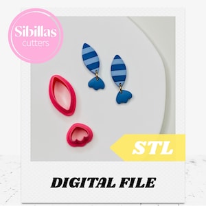 May include: A photo featuring pink and blue craft supplies. Two pink cookie cutters and two blue and white striped earrings with blue accents are displayed on a white surface. The image includes the text "Sibillas cutters", "STL", and "DIGITAL FILE".