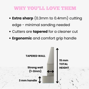 May include: A technical diagram of a cutter featuring a 0.3mm to 0.4mm sharp cutting edge, a tapered wall, and a 3mm handle. The total height is 15mm with a 1-2mm strong wall. Text includes: WHY YOU'LL LOVE THEM, Extra sharp, Cutters are tapered, Ergonomic.