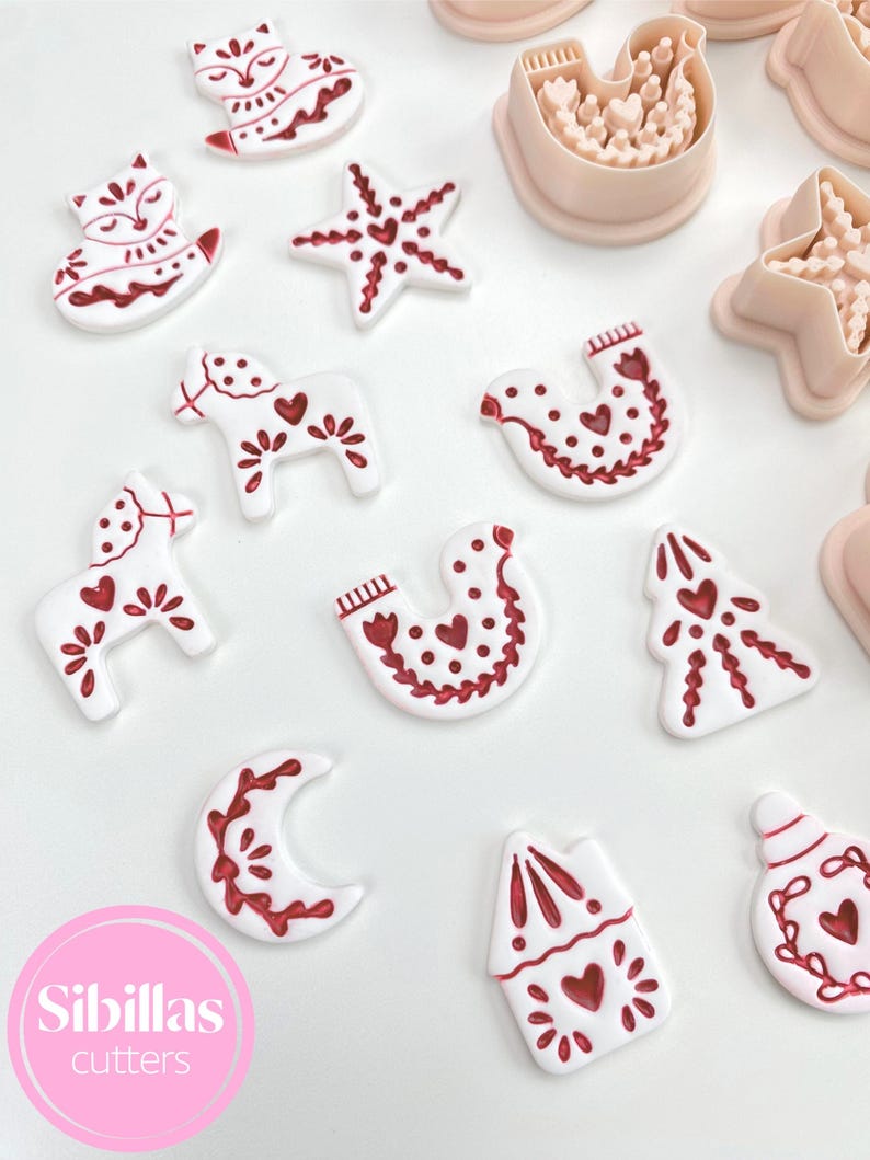Nordic holiday polymer clay cutters featuring star, moon, and Christmas ball