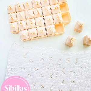 Può includere: Un set di taglierini per lettere beige e un timbro con lettere minuscole. Il timbro riporta il testo "Sibillas cutters" in un cerchio rosa. I taglierini sono disposti a griglia, con alcuni taglierini sciolti nelle vicinanze.