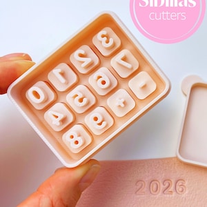 May include: A light peach-colored number and symbol stamp set held in a hand. The set includes the numbers 0-9 and a plus sign, with the text "Sibillas cutters" in a pink circle. A separate stamp shows the number "2026" imprinted on a peach-colored surface.