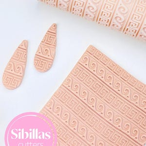 Ancient Greek texture roller for polymer clay, pottery, and ceramics. This embossing tool features an intricate classical pattern inspired by traditional Greek motifs, perfect for adding elegant, ornamental detail to clay projects. Ideal for creating earrings, pendants, trays, pottery decorations, and other handcrafted pieces. Made from durable, reusable material, this roller gives artists a clean and consistent impression, allowing them to bring timeless, historic beauty into their handmade