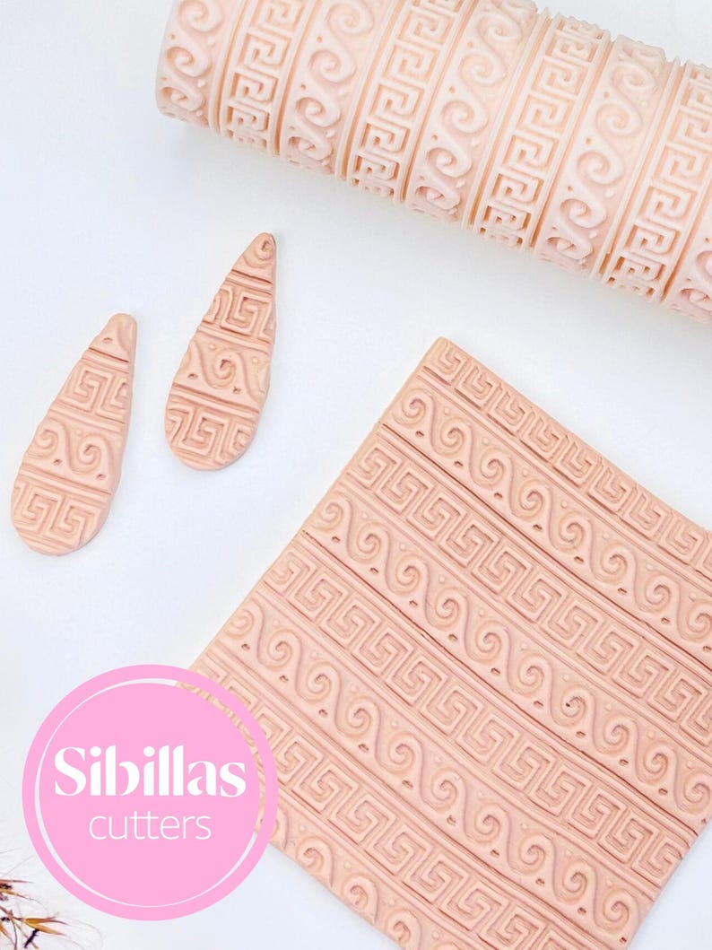 Ancient Greek texture roller for polymer clay, pottery, and ceramics. This embossing tool features an intricate classical pattern inspired by traditional Greek motifs, perfect for adding elegant, ornamental detail to clay projects. Ideal for creating earrings, pendants, trays, pottery decorations, and other handcrafted pieces. Made from durable, reusable material, this roller gives artists a clean and consistent impression, allowing them to bring timeless, historic beauty into their handmade