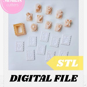 Può includere: Una collezione di formine per biscotti beige e bianche in varie forme floreali e a cuore, insieme a una formina a cornice quadrata. L'immagine include il testo "Sibillas cutters", "DIGITAL FILE" e "STL".
