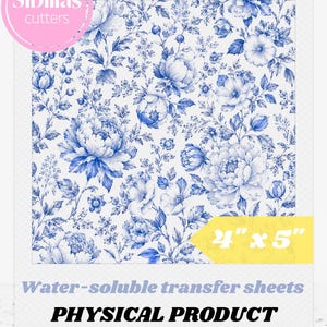 May include: A rectangular water-soluble transfer sheet measuring 4 inches by 5 inches, featuring a dense blue and white floral pattern with detailed peonies, leaves, and stems. The text Sibillas cutters, 4 x 5, Water-soluble transfer sheets, and PHYSICAL PRODUCT are visible.