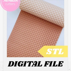 May include: A textured rolling pin and a sheet of material with a waffle pattern. The rolling pin is beige, and the sheet is a reddish-brown color. The image includes the text "Sibillas cutters", "STL", and "DIGITAL FILE".