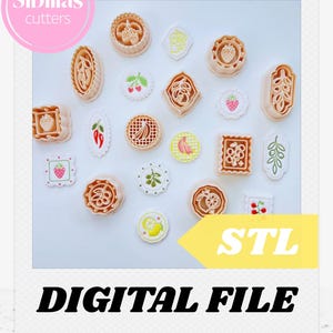 Pode incluir: Uma coleção de cortadores de biscoitos bege em várias formas, incluindo frutas e desenhos florais. A imagem inclui o texto "Sibillas cutters", "DIGITAL FILE" e "STL".