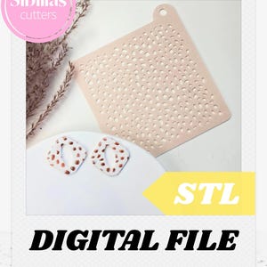 May include: A light pink, perforated stencil and two square earrings with brown and white patterns are displayed. The image includes the text "STL" and "DIGITAL FILE". A pink circle with the text "Sibillas cutters" is in the upper left corner.