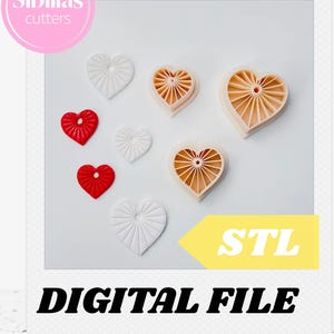 Puede incluir: Un surtido de cortadores de galletas en forma de corazón en blanco, rojo y beige. La imagen incluye el texto "Sibillas cutters" y "STL DIGITAL FILE". Los cortadores tienen diseños detallados, perfectos para hornear o manualidades.