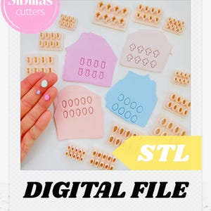 May include: A collection of beige plastic cookie cutters and colorful clay cutouts. The image includes the text "Sibillas cutters" and "DIGITAL FILE". The clay cutouts are pink and blue, with various shapes cut out, including flowers, bears, and circles.