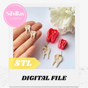 May include: A collection of dental-themed items, including white and gold earrings, red tooth-shaped cutters, and white tooth-shaped earrings. The image includes the text "STL" and "DIGITAL FILE". The brand name "Sibillas cutters" is also visible.