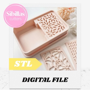 May include: A light pink rectangular container with a floral cutout design, accompanied by two matching stencils. The image includes the text "Sibillas cutters", "STL", and "DIGITAL FILE".