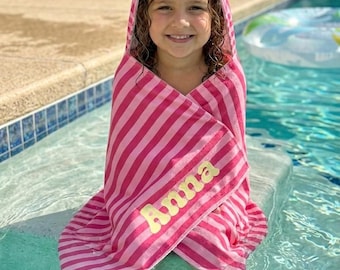 Custom Name Pink Striped Hooded Beach Towel, Quick Dry Pool Cover Up