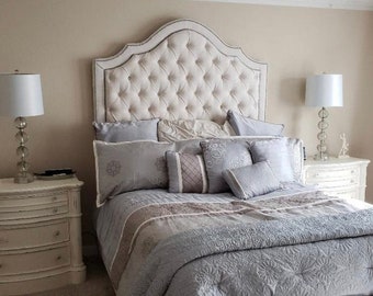 Tall Tufted Bed California King Queen Full Twin Upholstered Headboard Bed Frame Diamond Tufted Linen Velvet  MADE TO ORDER