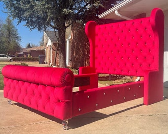 Custom Tufted Velvet Bed: Curvy Wingback Headboard with Lucite Legs