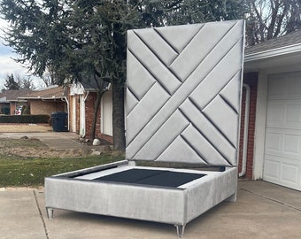 Cabecero tapizado extra alto: diseño geométrico moderno, patas de lucita, CHAD personalizado