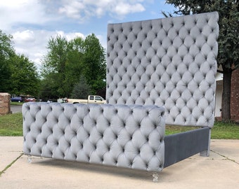 Tufted Bed Frame Upholstered Extra Tall Headboard California King Queen Full Twin Tufting Lucite Leg Bed Frame MADE TO ORDER