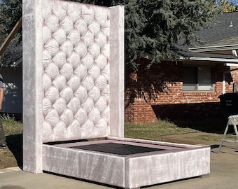 Upholstered Wingback Bed: Crystal Tufted Velvet, Made to Order