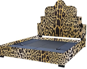 Leopard Velvet Bed Frame Upholstered Chinoiserie Scalamandre Leopardo Headboard Palm Beach Platform California King Queen Twin MADE TO ORDER