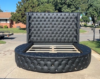 Round Bed Frame Tufted Custom California King Queen Full Twin Round Bed Glam Headboard Storage Upholstered Circle Bed MADE TO ORDER