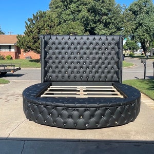 Round Bed Frame Tufted Custom California King Queen Full Twin Round Bed Glam Headboard Storage Upholstered Circle Bed MADE TO ORDER