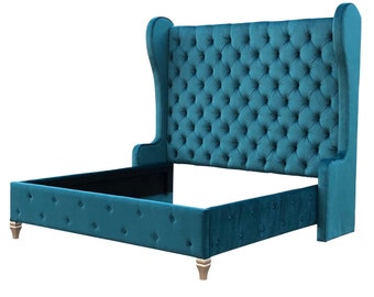 Wingback Bed Tufted Tall Headboard Curved Velvet Adjustable Bed Frame Platform Pick Your Fabric Bespoke MADE TO ORDER