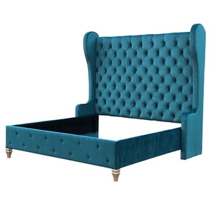 May include: A teal upholstered bed frame with a tall, button-tufted headboard. The bed frame has a low profile and is supported by four wooden legs with gold accents. The headboard and frame are a matching teal color.