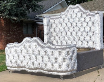 French Curved Round Bed Footboard Tall Tufted Upholstered Pick Fabric Crystal Crushed Velvet Bed Frame MADE TO ORDER