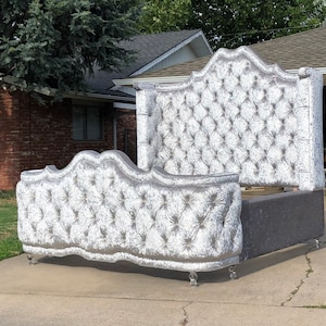 French Curved Round Bed Footboard Tall Tufted Upholstered Pick Fabric Crystal Crushed Velvet Bed Frame MADE TO ORDER