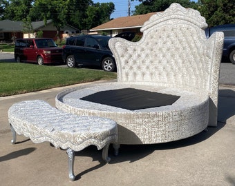 Round Velvet Bed Frame: Tufted Headboard, Glam Crystal Button, French Style (MADE TO ORDER)