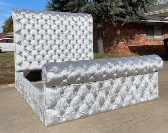 Diamond Tufted Sleigh Bed Velvet Extra Tall Headboard California King Queen Full Twin Crystal Button Glam Bed Frame Bespoke CUSTOM MADE