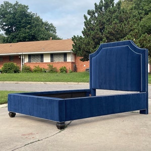 Custom Bed Frame Preppy Boy Bedroom Contrast Piping Welt Cord Full Size Scalloped Notched Upholstered Headboard Bespoke Made to ORDER