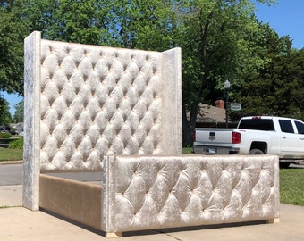 Tufted Tall Bed Frame Wingback Headboard Upholstered Velvet California King Queen Full Twin Modern Glam MADE TO ORDER